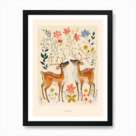 Folksy Floral Animal Drawing Caribou 2 Poster Art Print