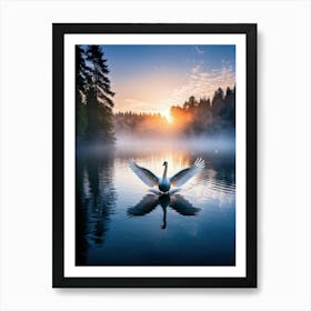 Swan In Flight With Wings Wide Spread Over A Blue Lake At Sunset Centered Amidst A Dense Forest Wit Art Print