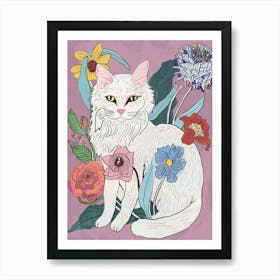 Cute Angora Cat With Flowers Illustration 2 Art Print