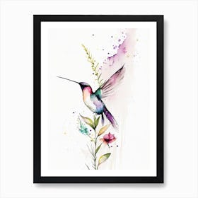Hummingbird And Flowers Minimalist Watercolour Art Print