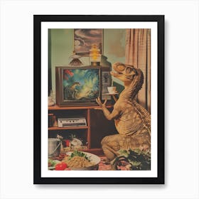 Dinosaur Watching Tv Retro Collage Art Print