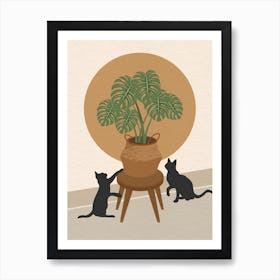 Vintage minimal art Two Cats Playing With A Potted Plant 1 Art Print