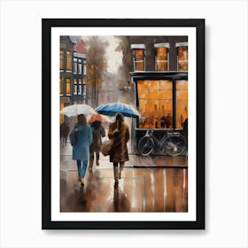 Amsterdam cafes, autumn season, rain, autumn oil colours.Faded colours,People passing on the street, winter clothes, rain umbrellas.2 2 Art Print