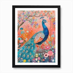 Red Peacock In The Meadow Floral Illustration Art Print