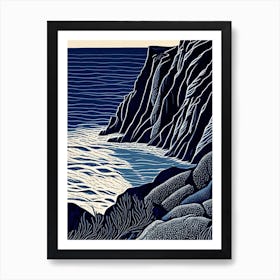 Coastal Cliffs And Rocky Shores Waterscape Linocut 1 Art Print