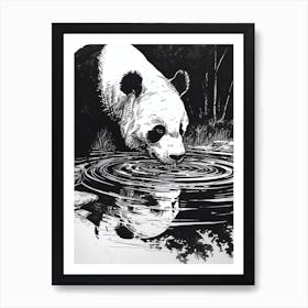 Giant Panda Drinking From A Tranquil Lake Ink Illustration 1 Art Print