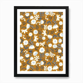 Cute Soft Scattered Scandi Florals Gold Yellow, White, Navy Blue Art Print