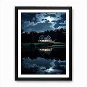 Old House Reflected In The Still Water Of A Pond Cumulus Clouds Drifting Above Mise En Scene Bathe Art Print