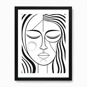 Black & White Serene Face Line Drawing Art Print