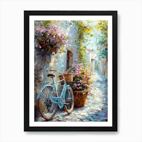 Charming Vintage Bicycle With Flowers – Rustic Alleyway Wall Art Print Art Print