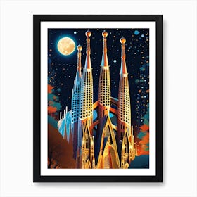 Sagrada Familia Cathedral ~ Gothic Gaudi Barcelona ~ Spain Travel Adventure Visionary Wall Decor Futuristic Sci-Fi Trippy Surrealism Modern Digital Psychedelic Cubic Fantasy Art Full Moons Stars Mandala Spiritual Fractals Space DMT Vibrant Art Print