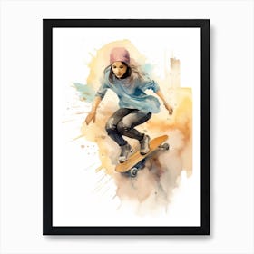 Girl Skateboarding In Dubai, United Arab Emirates Watercolour 1 Art Print