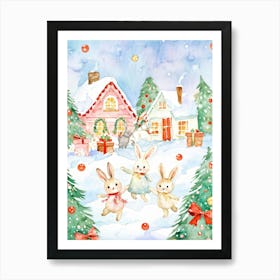 Christmas Bunnies Adorned With Charming Festive Pastels Surrounded By Soft Falling Snowflakes Jum Art Print