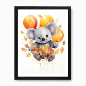 Koala Flying With Autumn Fall Pumpkins And Balloons Watercolour Nursery 2 Art Print