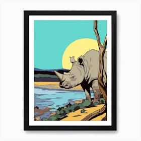 Simple Rhino Line Illustration By The River 1 Art Print