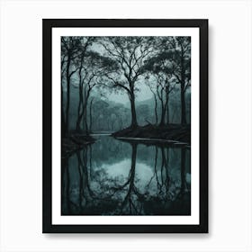 A Group Of Trees Reflecting In Water On A Cloudy Day Art Print