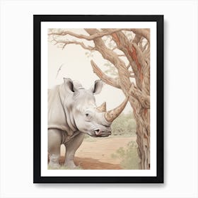 Rhino Under The Tree Vintage Illustration 1 Art Print