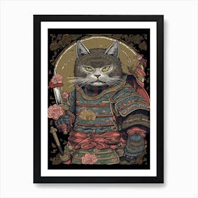 Cute Samurai Cat In The Style Of William Morris 11 Art Print