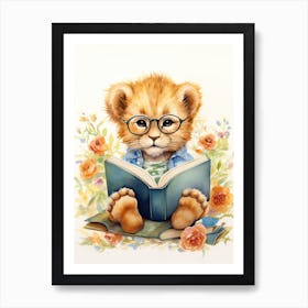 Reading Books Watercolour Lion Art Painting 3 Art Print