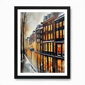 Amsterdam cafes, winter season, winter oil colors, pedestrians in the street, winter clothes, rain falling, Amsterdam print, Netherlands print, travel gift, Netherlands poster.2 1 Art Print