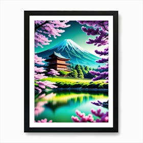 Japanese Cherry Blossoms Mount Fuji Japan Beautiful Lake Landscape Art Print