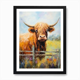 Impressionism Style Painting Of Highland Cow By Fence Art Print