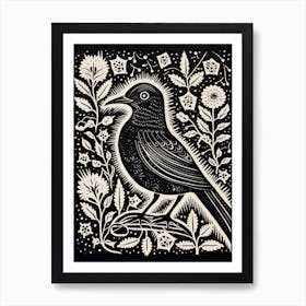 B&W Bird Linocut Cuckoo 3 Art Print