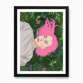 Girl in flowers, Sunshine (pink hair) Art Print