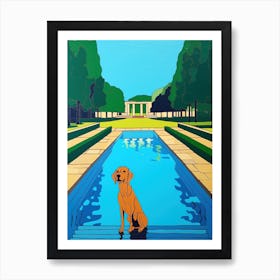 A Painting Of A Dog In Versailles Gardens, France In The Style Of Pop Art 03 Art Print