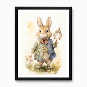 Bunny With A Clock Rabbit Prints Watercolour Art Print