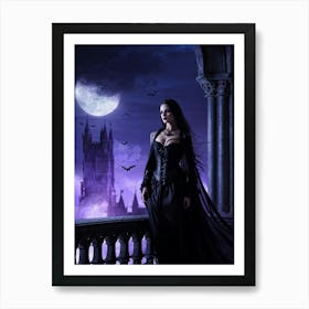 Gothic Woman Draped In Black Flowing Garments Stands By A Grand Shadowy Castles High Balcony Moon Art Print