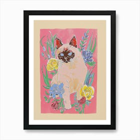 Cute Burmese Cat With Flowers Illustration 2 Art Print