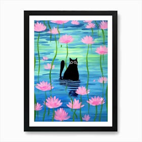 Black Cat In A Pond With Pink Flowers Art Print