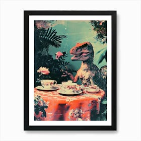 Retro Dinosaur Tea Party 3 Art Print