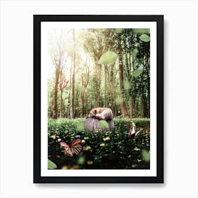 Fox On A Tree Stump And Butterflies Art Print