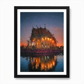 Thailand Temple At Sunset Oil Painting Art Print