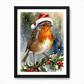 Vintage Christmas Watercolor Robin - Winter Snowing Scene Robin Red Breast Bird in Santa Hat Art Print