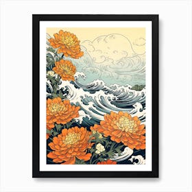 Great Wave With Marigold Flower Drawing In The Style Of Ukiyo E 4 Art Print