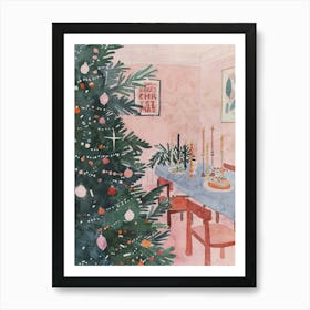 Christmas Dinner Table. Whimsical Gouache Interior Art Print