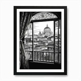 Window View Of Budapest Hungary   Black And White Colouring Pages Line Art 3 Art Print