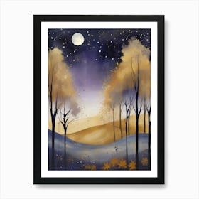 Cosmic Fall Night،
An ethereal boho painting that captures the beauty of a fall night sky. The background is a deep navy, speckled with tiny stars, while the foreground features silhouettes of autumn trees in shades of charcoal and dark olive. The moon is painted in a glowing silver, surrounded by soft wisps of mist in pale gold and lavender.
.12 Art Print