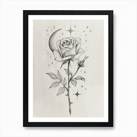 English Rose Moon And Stars Line Drawing 1 Poster