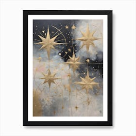 Wabi Sabi Dreams Collection 13 - Japanese Minimalism Abstract Moon Stars Mountains and Trees in Pale Neutral Pastels And Gold Leaf - Soul Scapes Nursery Baby Child or Meditation Room Tranquil Paintings For Serenity and Calm in Your Home Art Print