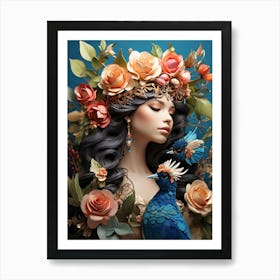 Portrait Of A Woman With Birds Art Print