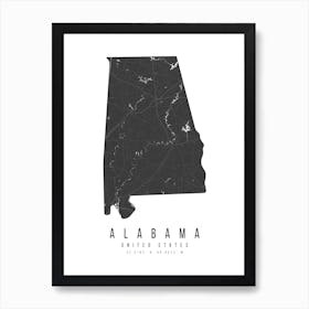 Alabama Mono Black And White Modern Minimal Street Map Art Print