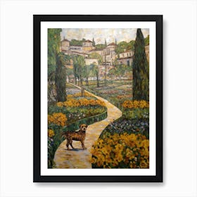 Painting Of A Dog In The Palace Of Versailles Gardens, France In The Style Of Gustav Klimt 03 Art Print
