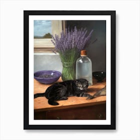 Painting Of A Still Life Of A Lavender With A Cat, Realism1 Art Print