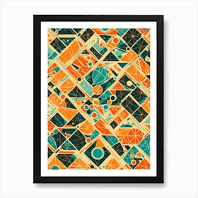 A Vibrant Retro Futuristic Seamless Pattern featuring geometric shapes with shades of blue and orange, 275 Art Print