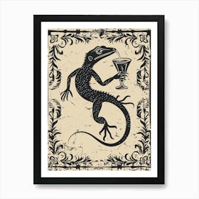 Lizard Drinking A Cocktail Floral Block Print Art Print