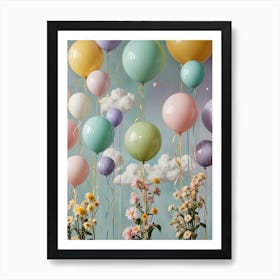 Balloons In The Sky with Flowers Art Print